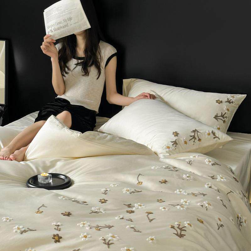 高端大气2025新款春夏100S纯棉全棉贡缎毛巾刺绣四件套长绒棉被套