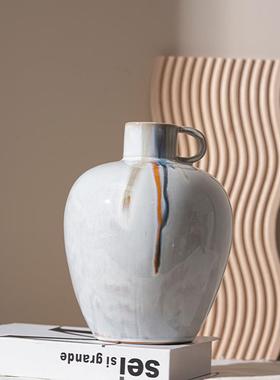 乐梦单耳白色流釉花瓶特色创意陶瓷花器客厅玄关摆件艺术装饰