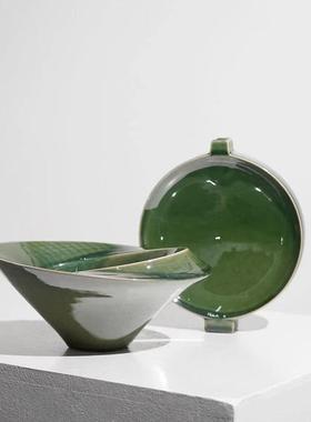 现代简约绿色陶瓷圆形花插售楼处样板间客厅茶几餐厅桌面软装饰品