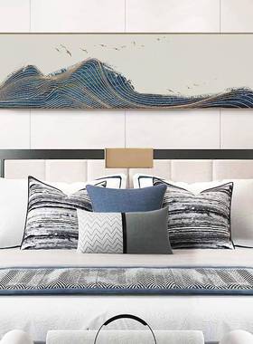 现代轻奢新中式客厅装饰画主卧室床头墙挂画横幅抽象金色线条蓝色