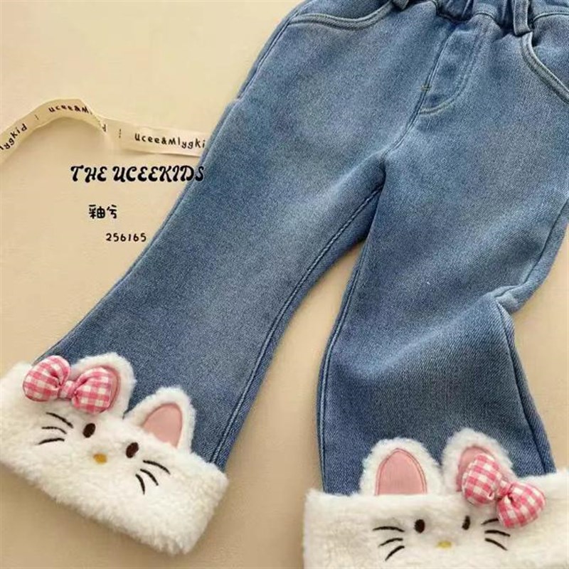女童裤子冬款2024新款儿童牛仔喇叭裤童装冬装宝宝加绒休闲长裤