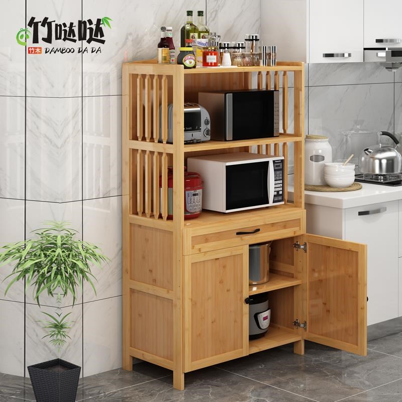 厨房置物架多h层实木烤箱微波炉架家用不锈钢收纳柜落地带门菜架