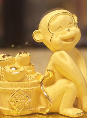 生肖绒沙金猴如意摆件猴年贺岁工艺品聚宝盆家居装饰品办公室摆设