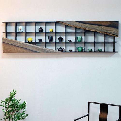 中式博古架黑胡桃现代诧寂茶室壁挂式茶叶收纳柜置物架茶具摆放架