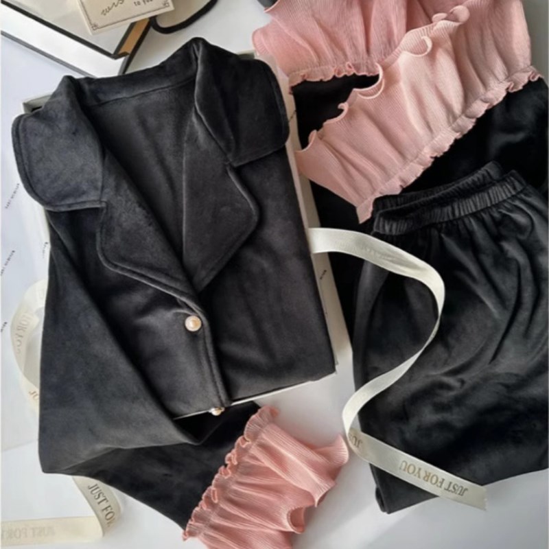 高级感睡衣女秋冬季德绒喇叭袖保暖加厚2024新款长袖长裤两件套装