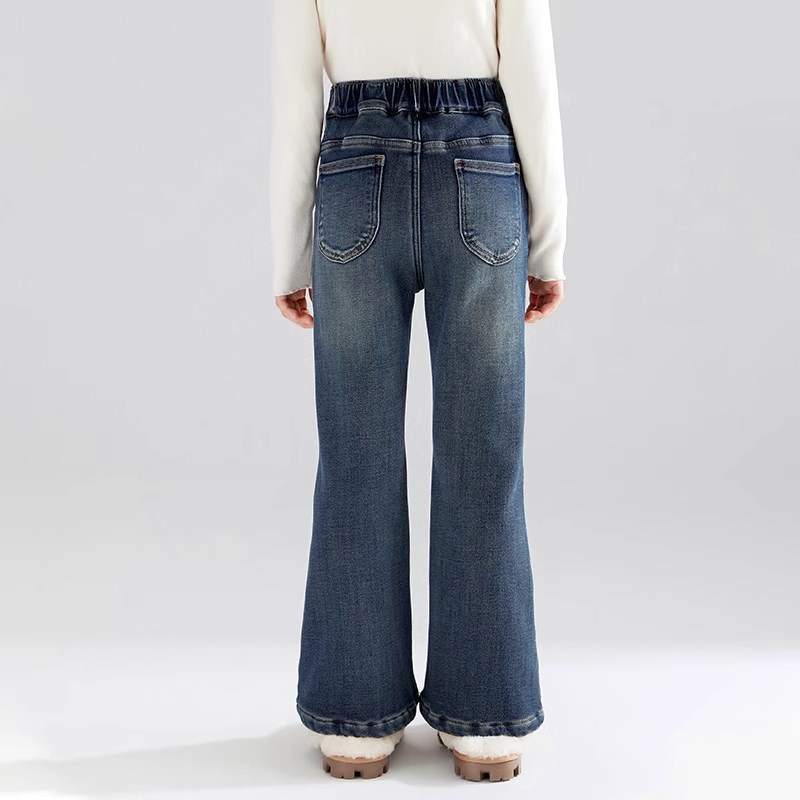 女童复古时髦牛仔裤中大童秋冬季修身洋气喇叭裤儿童加绒加厚裤子