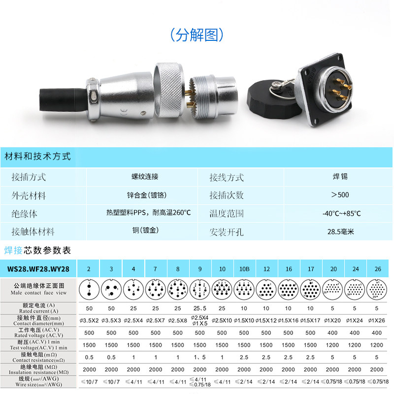 威浦航空插头WS28连接器23芯479孔10P12 16芯20 26芯工业接头插座