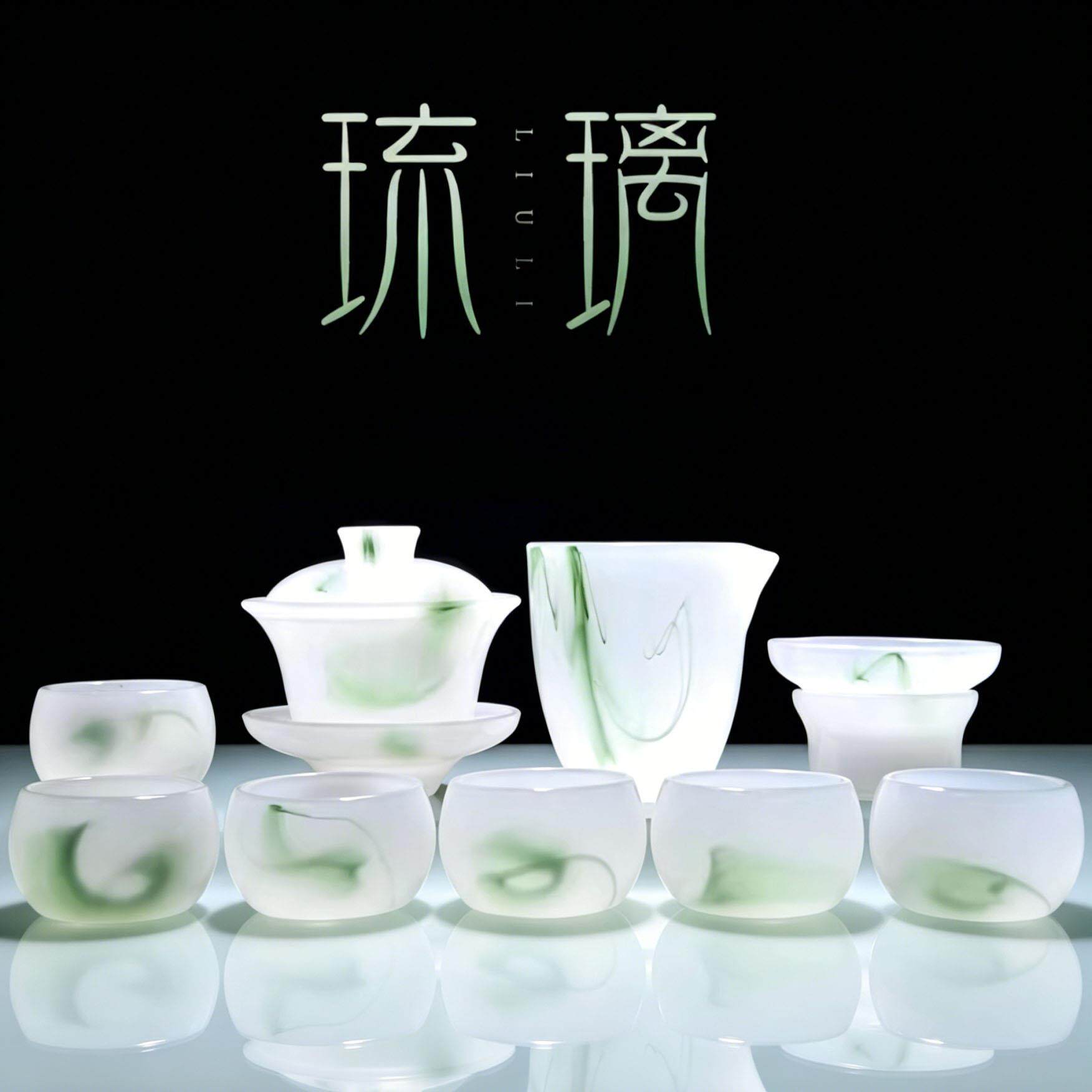 水墨琉璃茶具套组玉瓷茶壶玻璃功夫盖碗白玉茶杯家用办公送礼礼盒