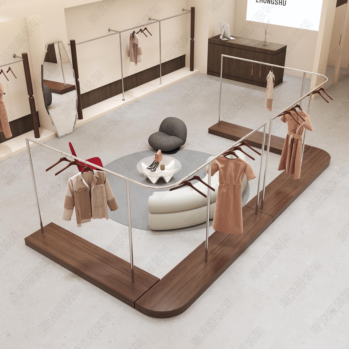 服装店展示架弧形胡桃色带板不锈钢落地架男女装陈列挂衣杆中岛架