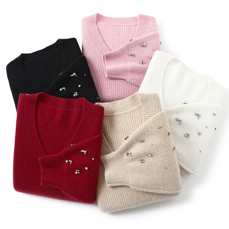 耀眼感拉满!星空钻~加厚山羊绒衫女V领纯羊绒毛衣套头针织衫宽松