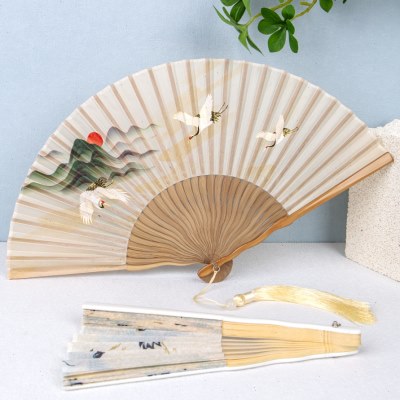 丝艺堂仙鹤真丝折扇女式随身中国风女扇子出国礼品扇工艺女扇古风