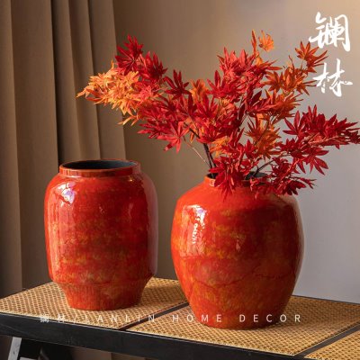 新中式禅意红色花瓶复古台面插干枝摆件插鲜花艺罐子大号水培侘寂