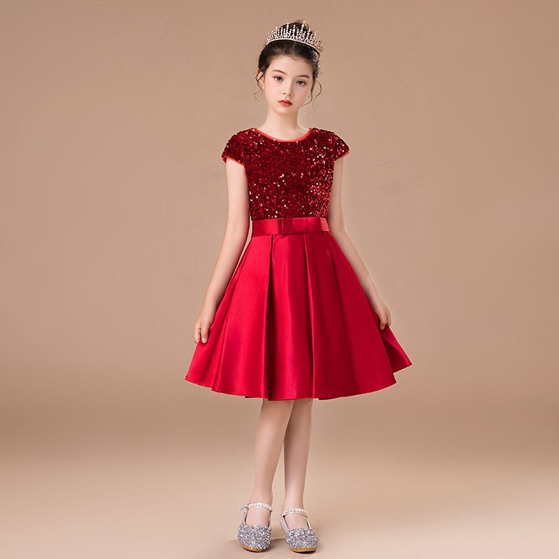 女童酒红色亮片钢琴礼服演出服公主裙短款儿童圆领半袖走秀表演服