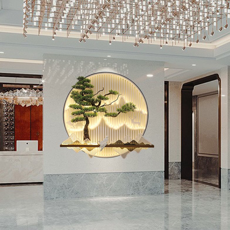 新中式迎客松入户玄关装饰发光壁挂会所展厅挂件客厅沙发墙面壁饰