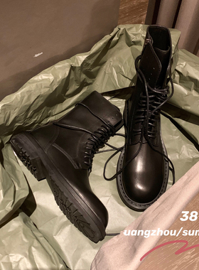 a马丁靴女20j23新款春秋靴英伦风中筒系带黑色厚底短靴子