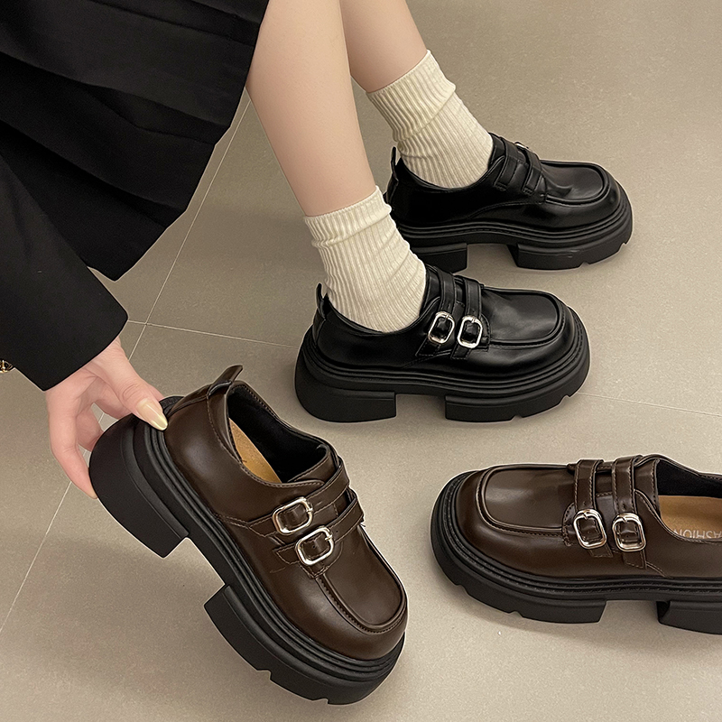 日系jk黑色粗跟乐鞋女p2023年秋季新款is潮百搭厚底增高小皮鞋