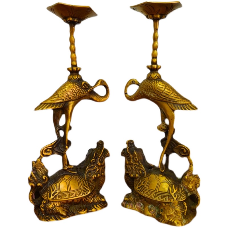 黄铜复古龙龟仙鹤烛台 蜡台 灯台 家用J怀旧摆件蜡烛台 香道用品