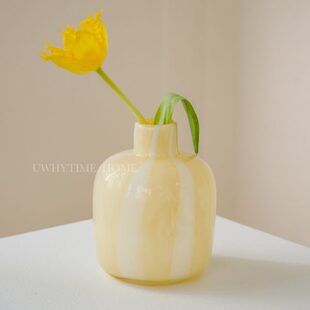 无为时间馆北欧小清新奶黄条纹艺术手工琉璃玻璃花瓶花器插花摆件