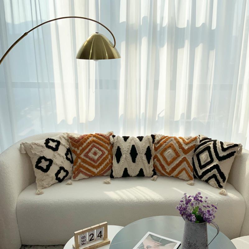 摩洛哥簇绒抱g枕叙利亚黑白几何沙发靠垫床头靠枕民宿装饰方