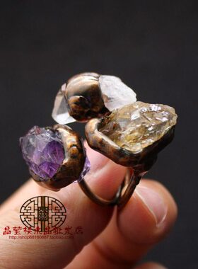 欧美饰品配饰产地 个性夸张复古戒指黄水晶戒指白水晶开口指环