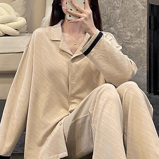 睡衣女秋季2025年新款带胸垫纯棉长袖开衫简约高级感可外穿家居服