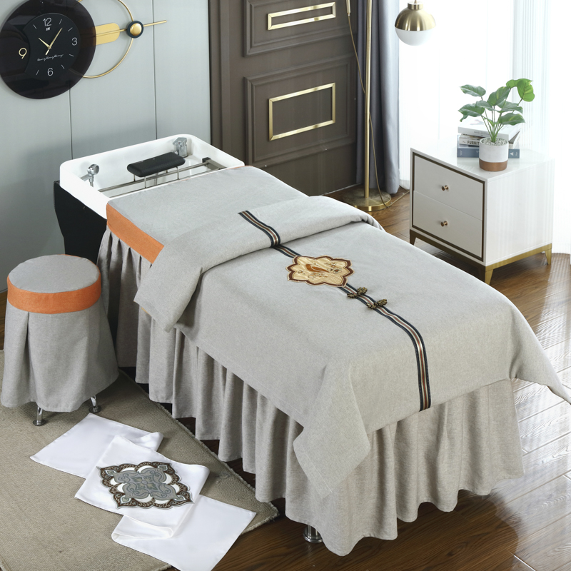 泰式洗头床罩养发馆头疗理发店专用按摩SPAP理疗床套床裙纯色棉麻