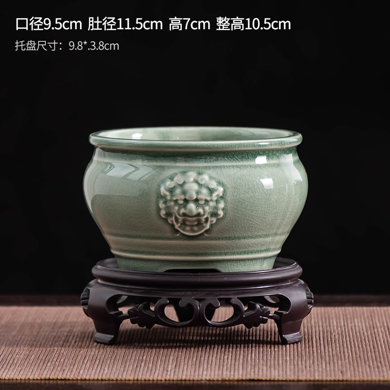 雀舌罗汉松花盆中l式复古狮头绿植陶瓷冰裂家用桌面摆件带托盘盆
