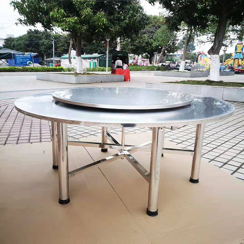 源头厂家不锈钢圆桌带不锈钢转盘折D叠桌脚支架大排档工作台面餐