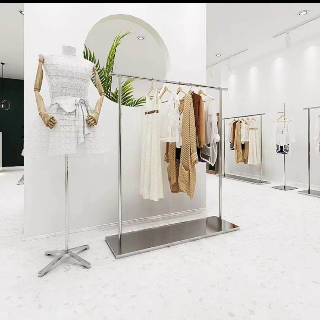 服装店展示架不锈钢拉丝带板男女装中岛陈列道具货架落地式挂衣架