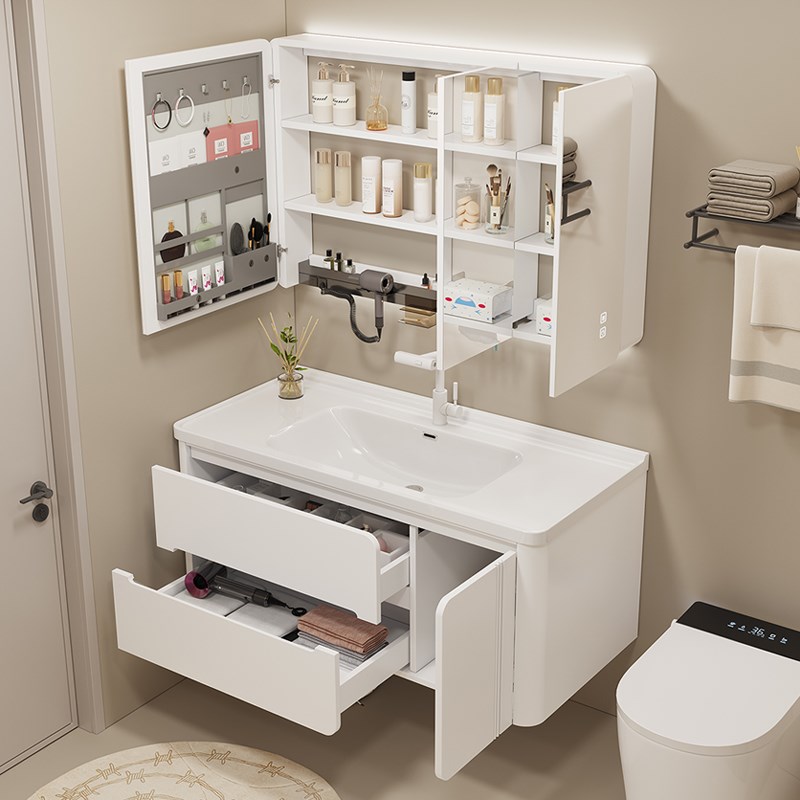 陶瓷一体盆法式圆弧奶油风实木烤漆浴室柜组合卫生间洗手盆洗漱台