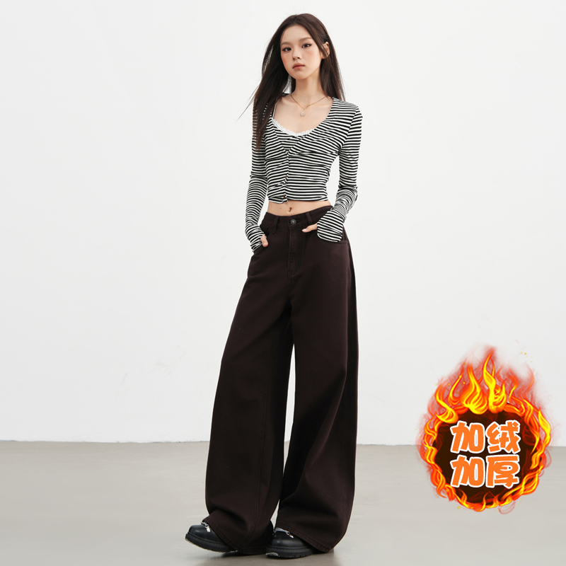 YKYM秋冬复古咖色直筒牛仔裤女宽松高腰显瘦休闲裤阔腿裤长裤子