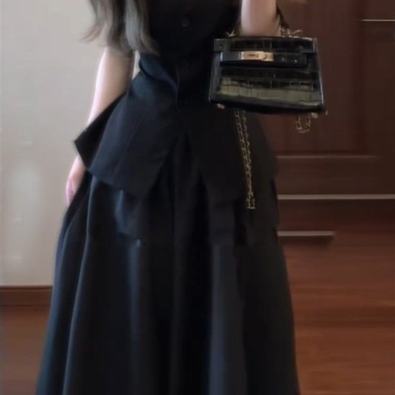 Xzy微胖通勤赫本风格无袖修身背心女士25夏季黑色大摆伞裙套装