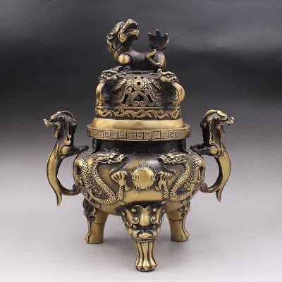 仿古纯铜香炉黄铜二龙戏珠熏香炉盘香炉大号三足双耳炉黄铜檀香炉