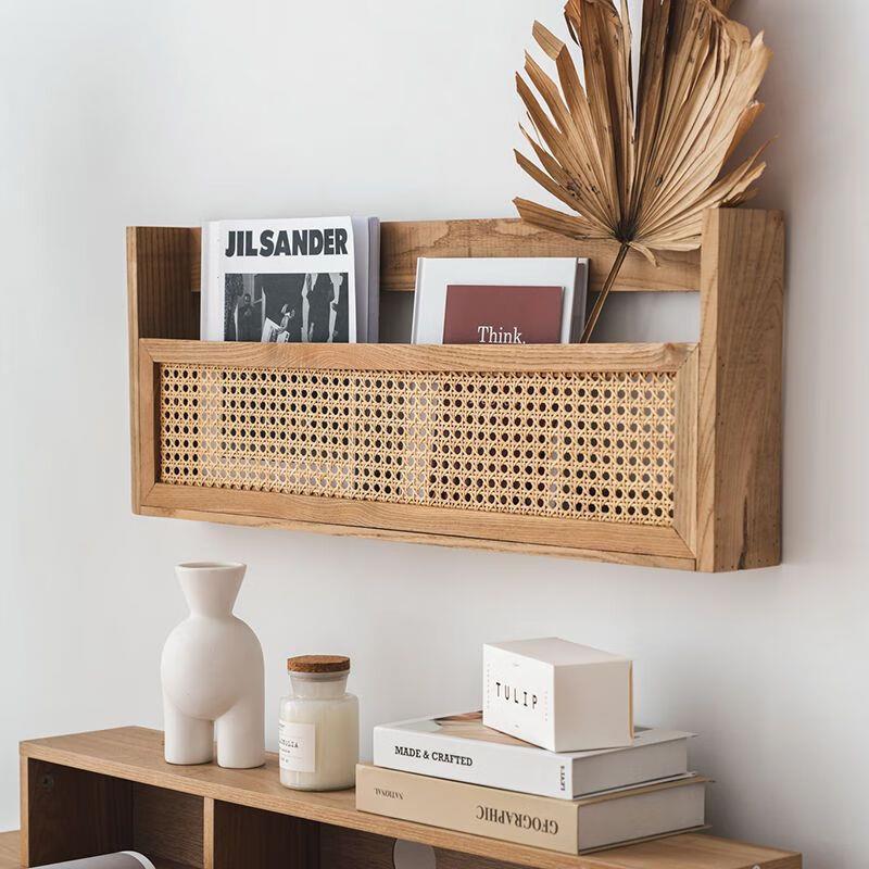 藤编实木壁挂杂志书报架日式卧室客厅墙面简易书籍收纳绘本置物架