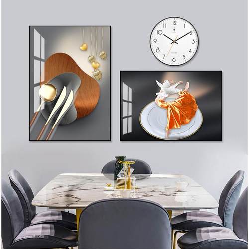 北欧餐厅装饰现代简约轻奢饭厅餐桌墙面挂画客厅厨房组合钟表壁画