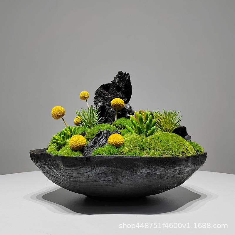 新中式圆形碳化木造景摆件仿真绿植花艺茶室茶几样板房间软装饰品