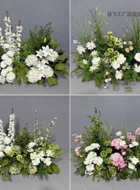 婚庆新款森系婚礼布置绿色系花艺婚礼堂t台路引花排花户外仿真花