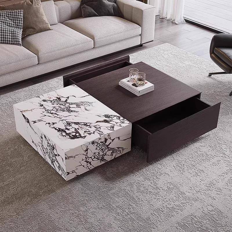 中古风意式岩板茶几现代简约岩板实木小户型客厅家用长方形组合