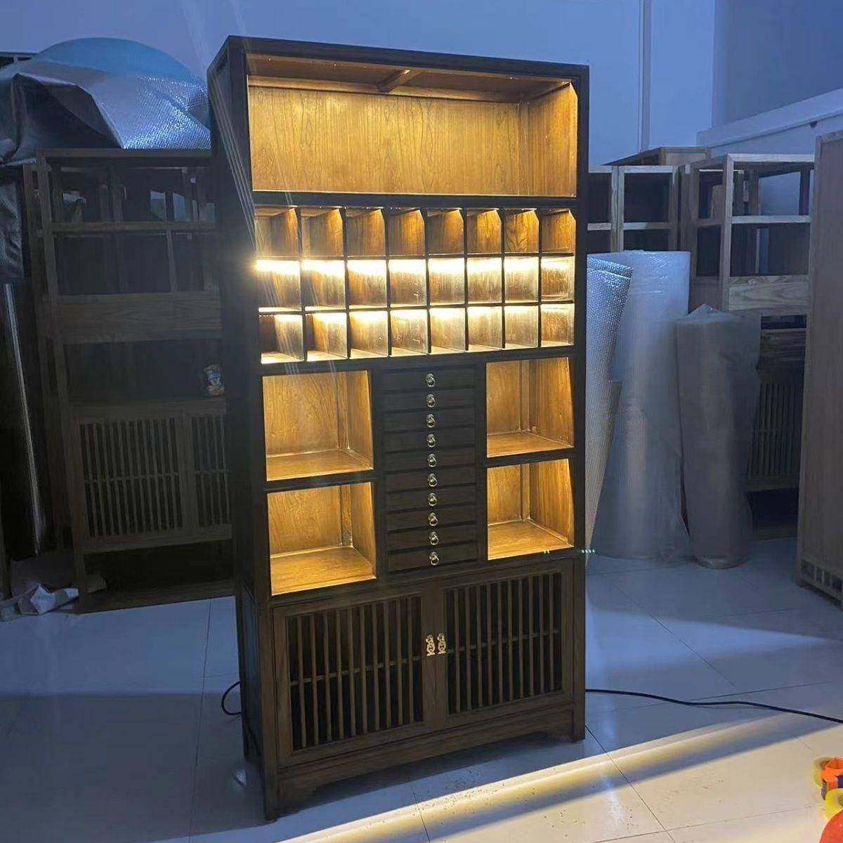 新中式普洱茶餠柜格子架紫砂壶榆木展示架玻璃博古架实木置物架