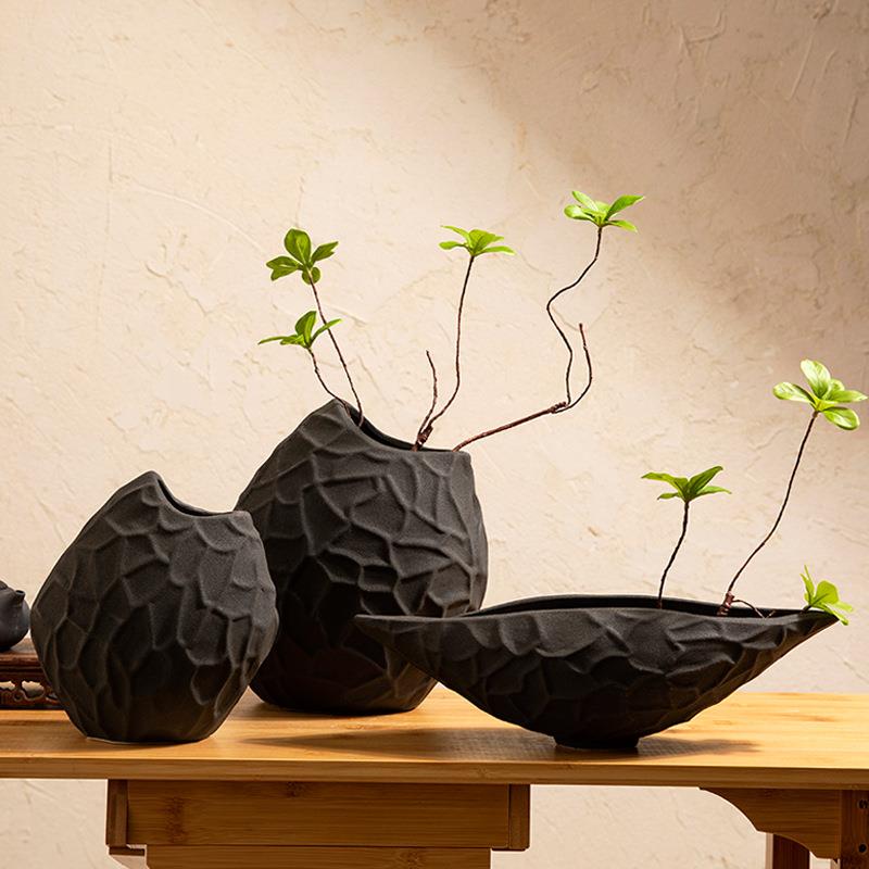 软装磨刻素烧陶瓷花瓶花器花艺术空间装饰品样板房客厅玄关摆件