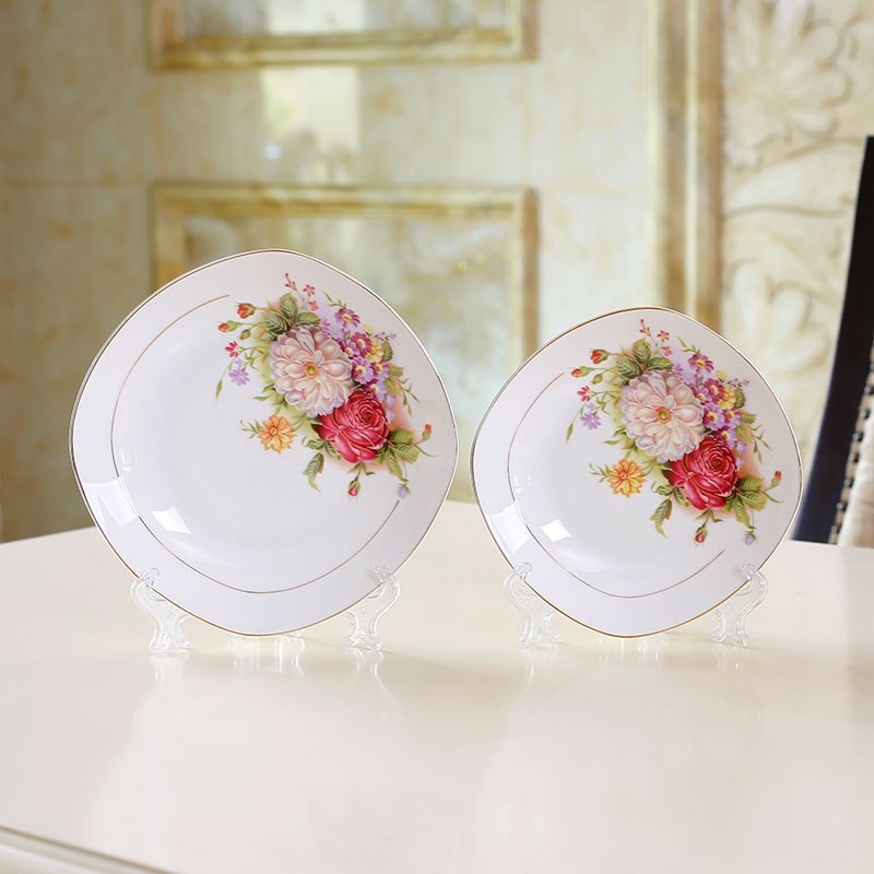 唐山骨瓷餐具7寸深盘8寸四方菜盘子家用陶瓷碟子饭盘欧式餐盘宫廷