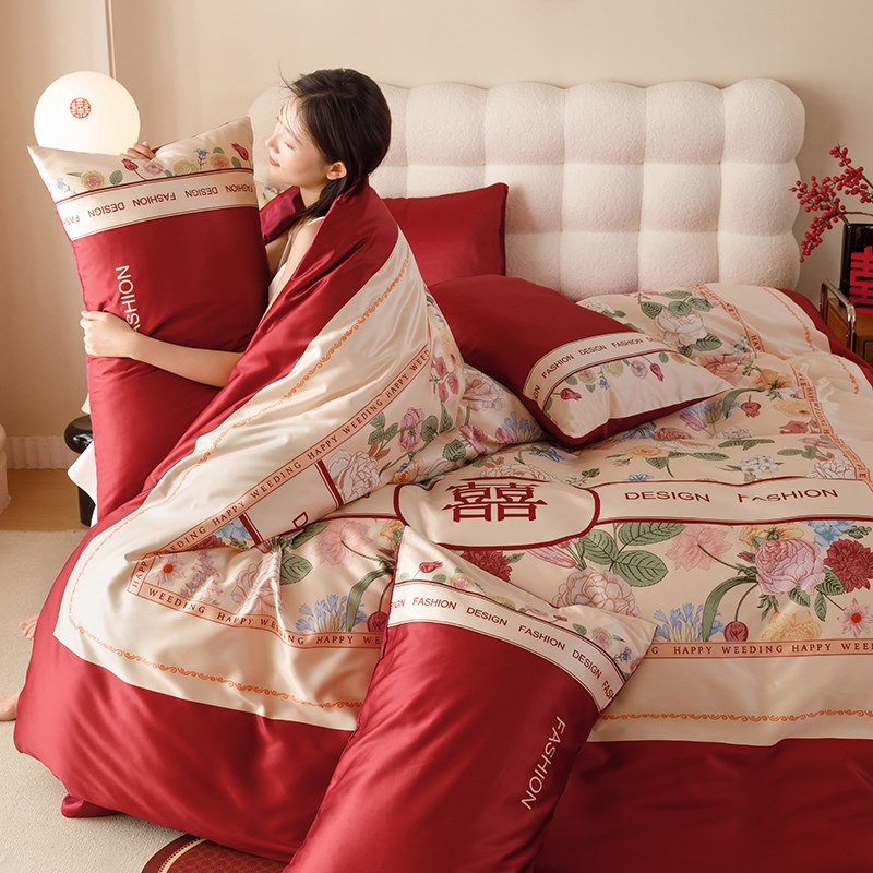 中式140支结婚四件套红色纯棉印花全棉被套床单婚庆床上用品4