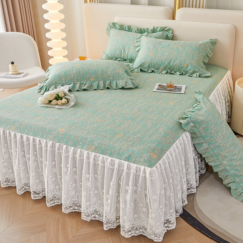 2023新款全棉加厚磨毛床裙单件100纯棉床单蕾丝花边床罩三件套秋