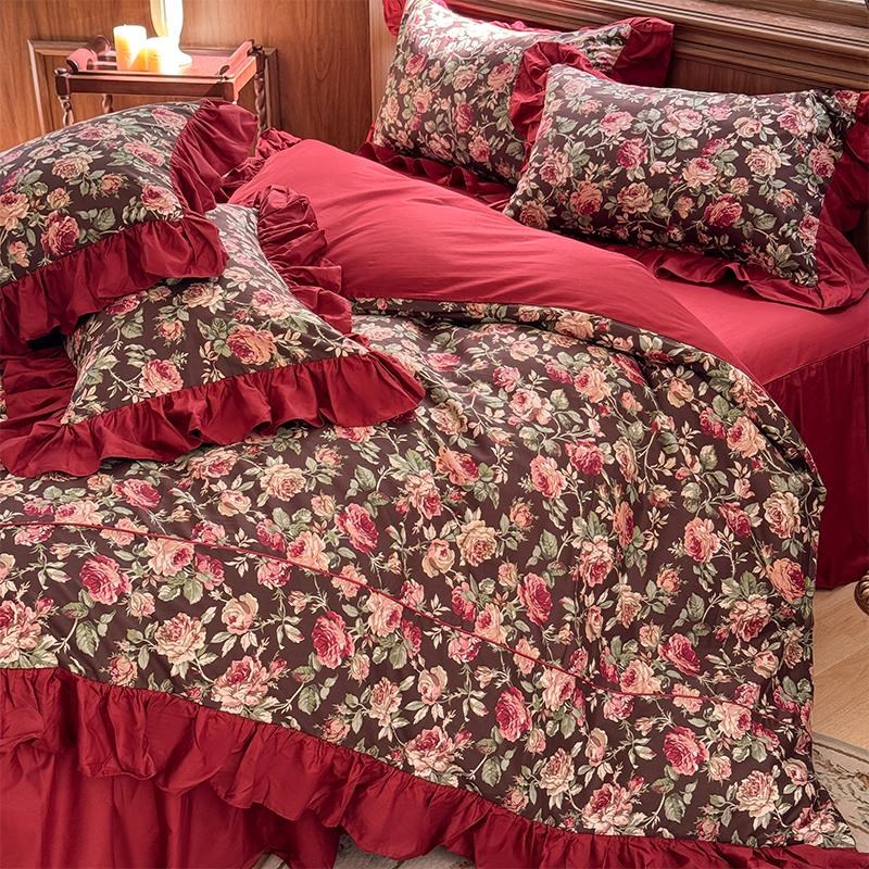 中古风花边印花全棉床裙式四件套红色结婚房被套纯棉浪漫复古床品