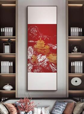新中式红色风景浮雕肌理装饰画入户玄关立体壁画高端大气竖版挂画