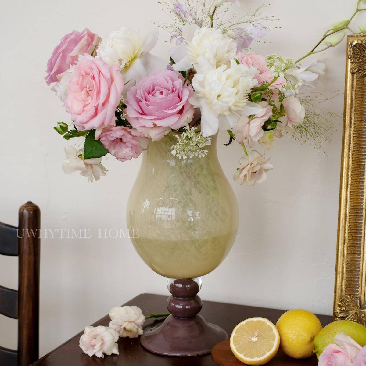 现代简约复古中古法式奶玉拼色铃兰手工琉璃玻璃花瓶花器摆件