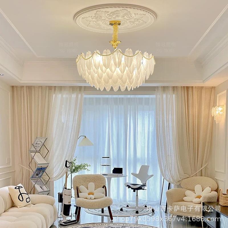 法式奶油风客厅吊灯珍珠羽毛卧室房间轻奢衣帽间餐厅灯具温馨浪漫