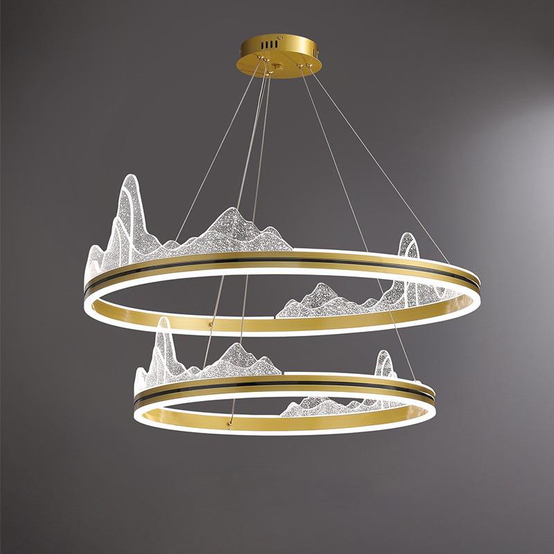 客厅吊灯北欧轻奢创意新中式圆环山水茶室吊灯简约卧室餐厅led灯