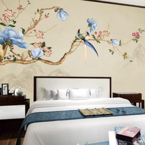 3D中式花鸟卧室床头背景墙布8D暖色壁布电视背景墙纸客厅沙发壁纸