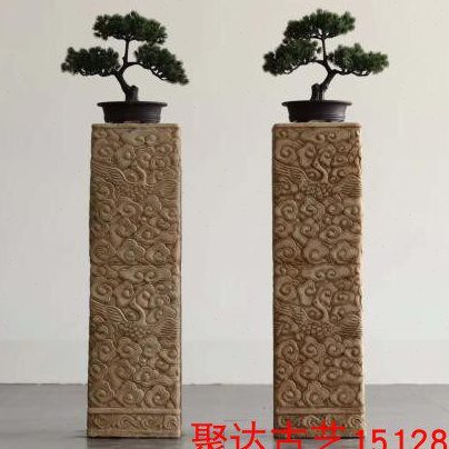 汉白玉仿古做旧石雕云彩柱会所景观装饰祥云柱仙鹤纹饰花盆柱花几